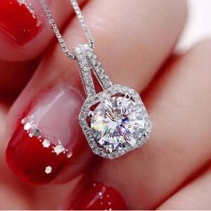 NEW Silver 3CT Diamond Halo Square Necklace